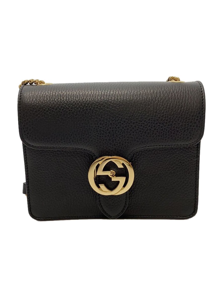【中古】GUCCI◆チェーン店・ショルダーバッグ_インターロッキングG/なめし革/BLK【御徒面子】