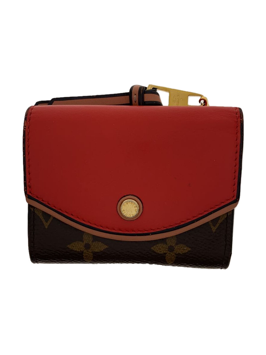 【中古】LOUIS VUITTON◆ポルト・フォイユ・チュイルリー・コンパクト_モノグラム・帆布_BRW/牛皮/RED/レディース【服飾雑貨他】
