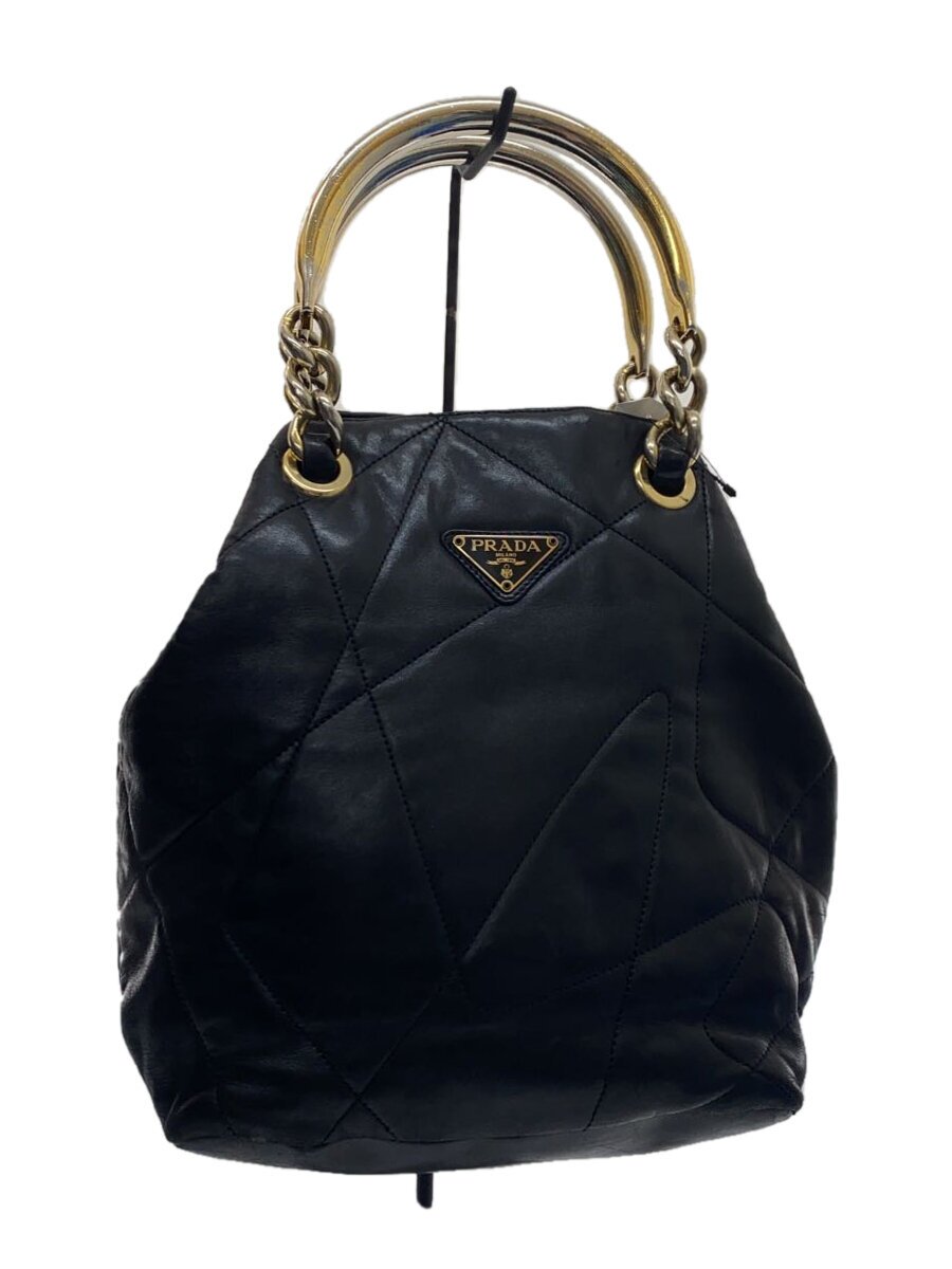 【中古】PRADA◆三角形ロゴタイプ/キルティングなめし革/御徒面子/なめし革/黒いこと【御徒面子】