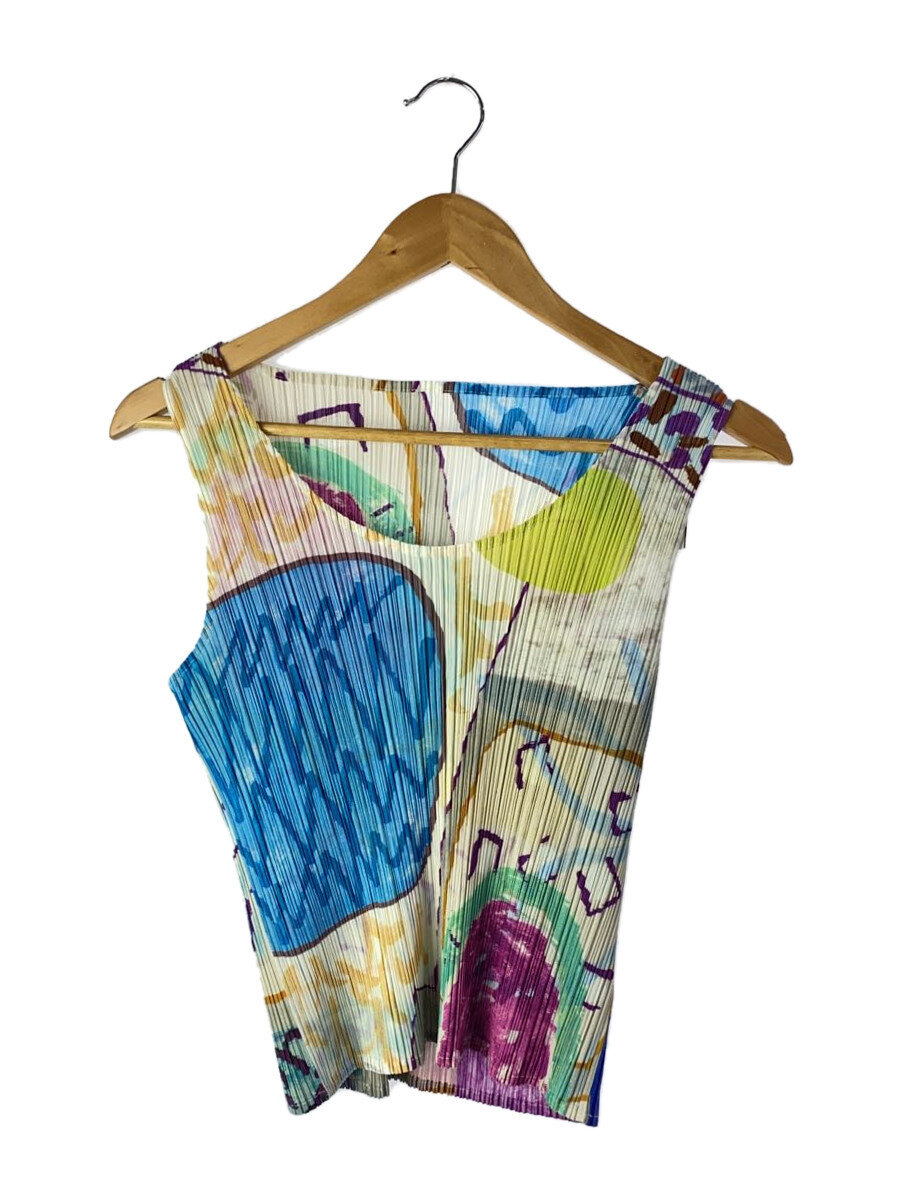 【中古】PLEATS PLEASE ISSEY MIYAKE◆水彩画画/ノースリーブカットソー/3/ポリエステル/マルチ色つや/PP12-JK411//【レディース御召しもの】