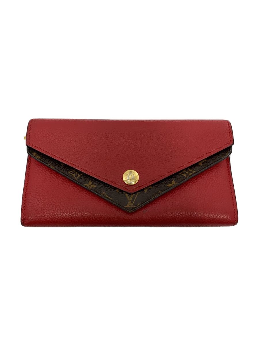 【中古】LOUIS VUITTON◆ポルト・フォイユ・ドゥーブルV_カーフレザー_モノグラム・キャンバス_RED/牛革/RED/レディース【服飾雑貨他】