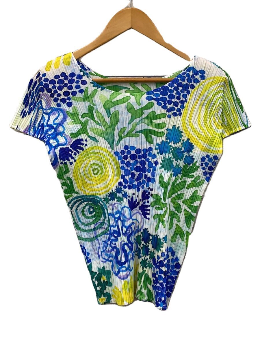 【中古】PLEATS PLEASE ISSEY MIYAKE◆半袖カットソー/3/ポリエステル/マルチ色つや/PP23-JK522/水彩画柄【レディース御召しもの】
