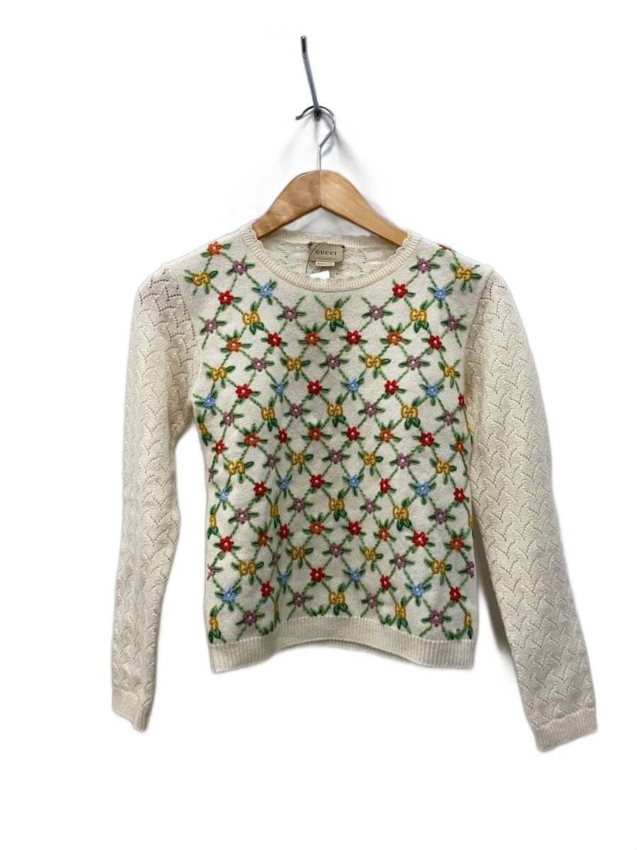 【中古】GUCCI◆編み物・プルオーバー(薄っぺら)/GG柄/ウールプルオーバ/10/羊毛/BEG/ベージュ/花柄【レディース御召しもの】