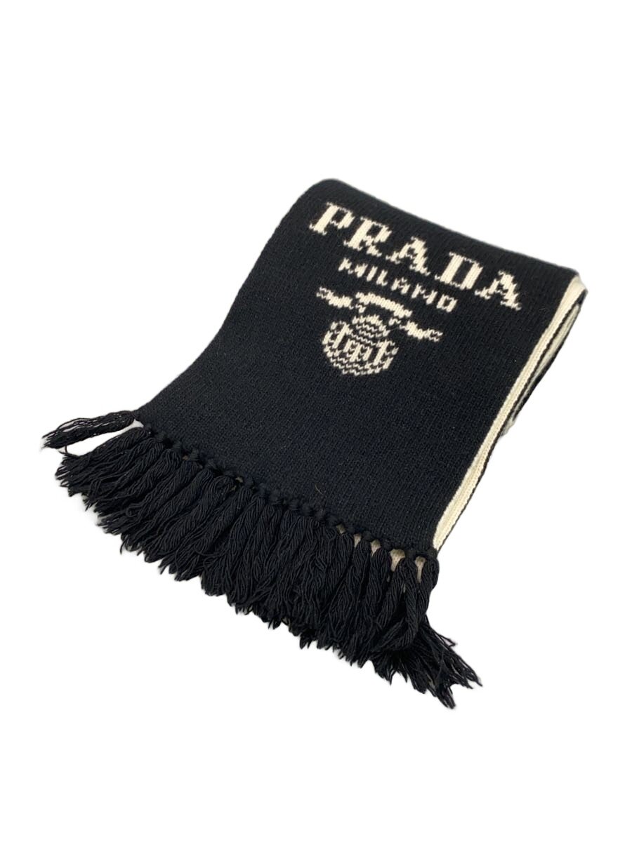 【中古】PRADA◆カシミアウールストールフリンジジャガードロゴ/羊毛/BLK/レディース/UMS392 S202 1YMW//【服飾雑貨他】