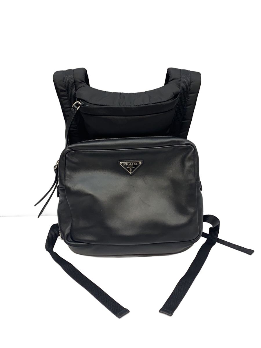 【中古】PRADA◆トライアングルロゴプレート/スムースレザーバックパック/背嚢/BLK/2VZ093/イタリア製//【御徒面子】