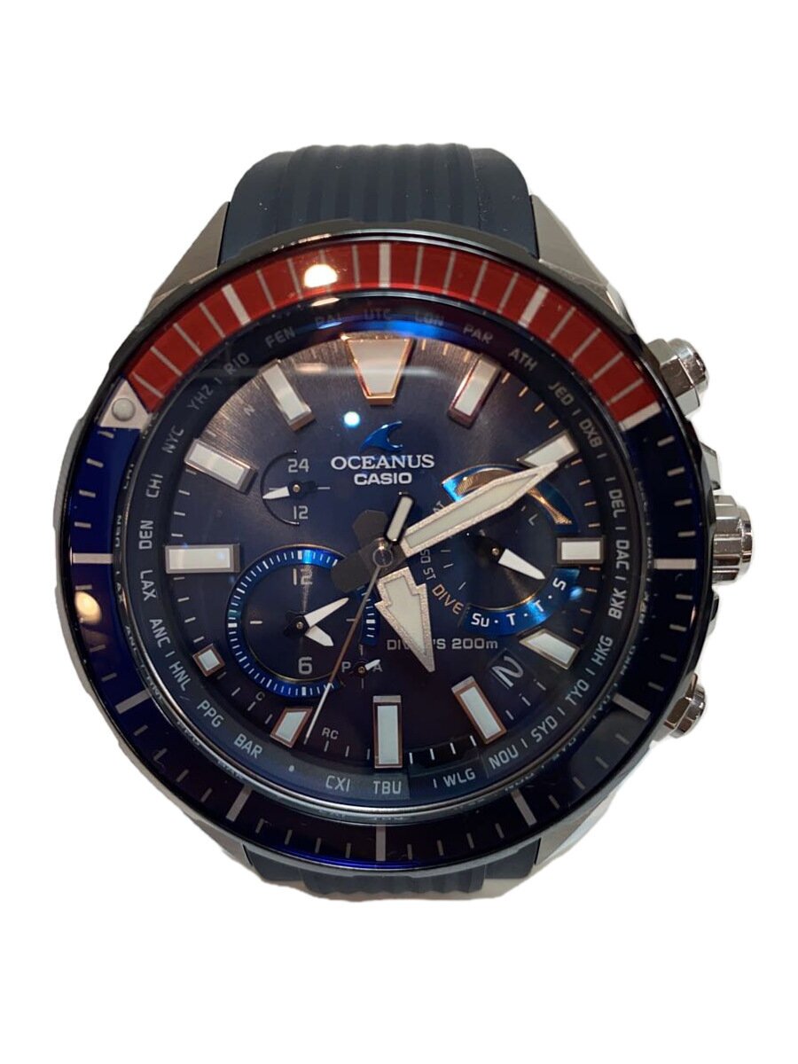 【中古】CASIO◆ソーラーウオッチ_OCEANUS/アナログ/天然ゴム/NVY/BLK【服飾雑貨他】