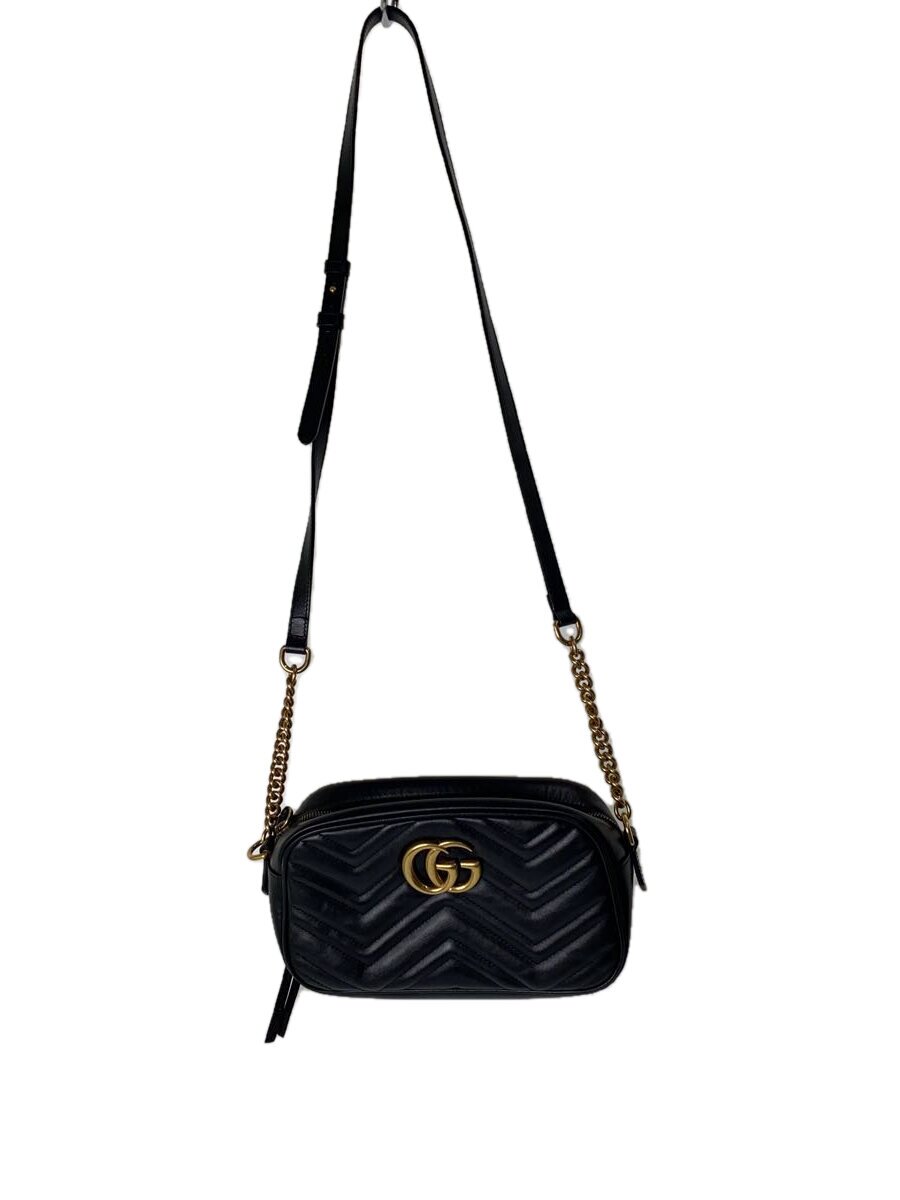 【中古】GUCCI◆チェーン店・ショルダーバッグ_GGマーモント_キルティング/なめし革/BLK【御徒面子】
