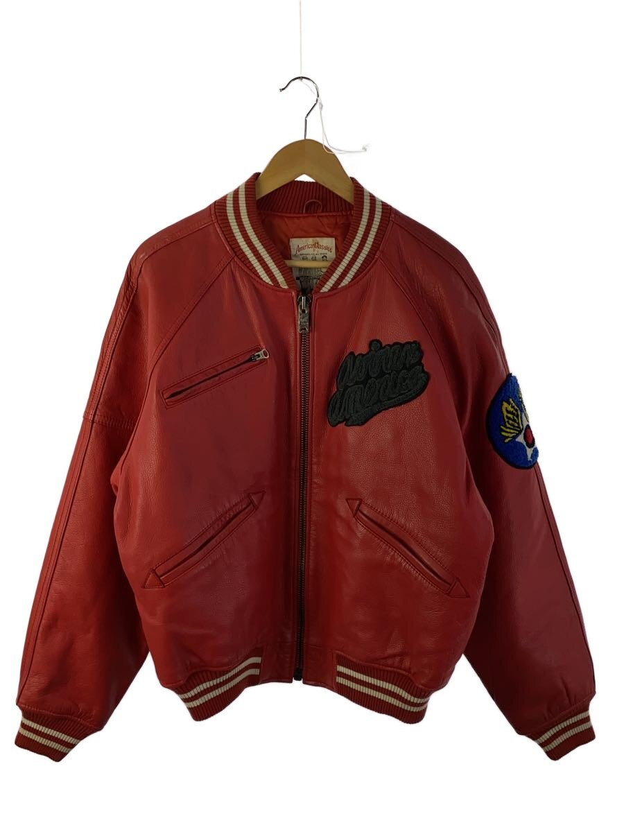 【中古】AVIREX◆レザースタジャン/M/なめし革/RED/襟シミ思いめぐらす/90s【メンズウェア】