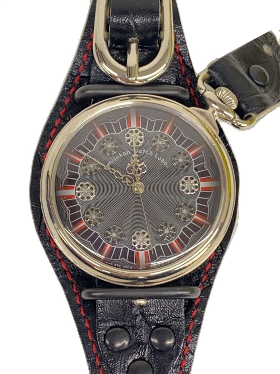【中古】Amijakan Watch Labo/レザーバントクォーツウオッチ/アナログ/なめし革/マルチ色つや/BLK【服飾雑貨他】