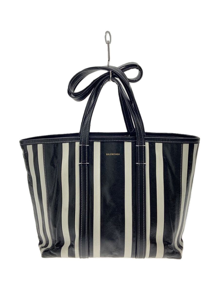 【中古】BALENCIAGA◆トートバッグ/なめし革/BLK/縞模様/671409・1090・S・528147//【御徒面子】