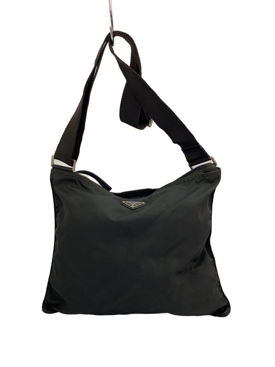 【中古】PRADA◆三角形ロゴタイプ/ショルダーバッグ/ナイロン/BLK/無地/42/色褪せ・色変わり有【御徒面子】