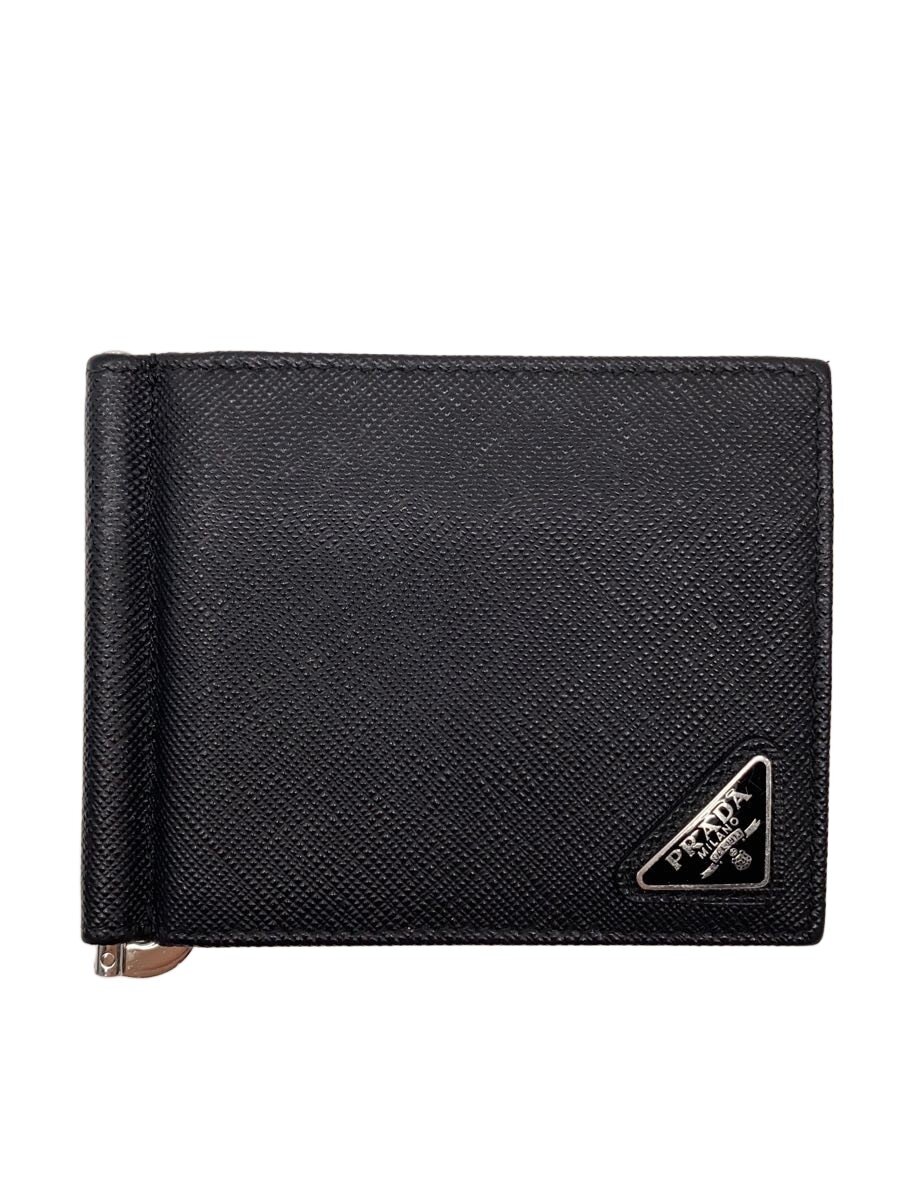 【中古】PRADA◆サフィアーノ/2つ折り金入れ/ナイロン/BLK/メンズ/先だつものゼムクリップ//【服飾雑貨他】