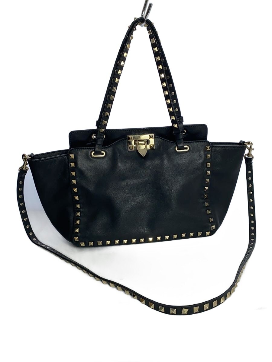 【中古】VALENTINO GARAVANI◆ロックスタッズ/2Way/ハンドバック/なめし革/BLK/無地//【御徒面子】