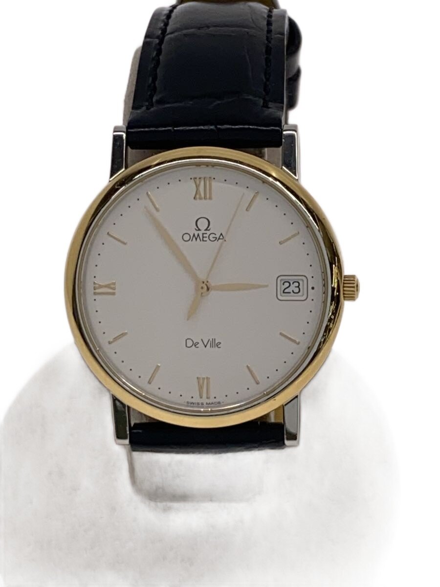 【中古】OMEGA◆De Ville/石英ウォッチ/アナログ/なめし革/WHT/BLK/社外胴締め【服飾雑貨他】