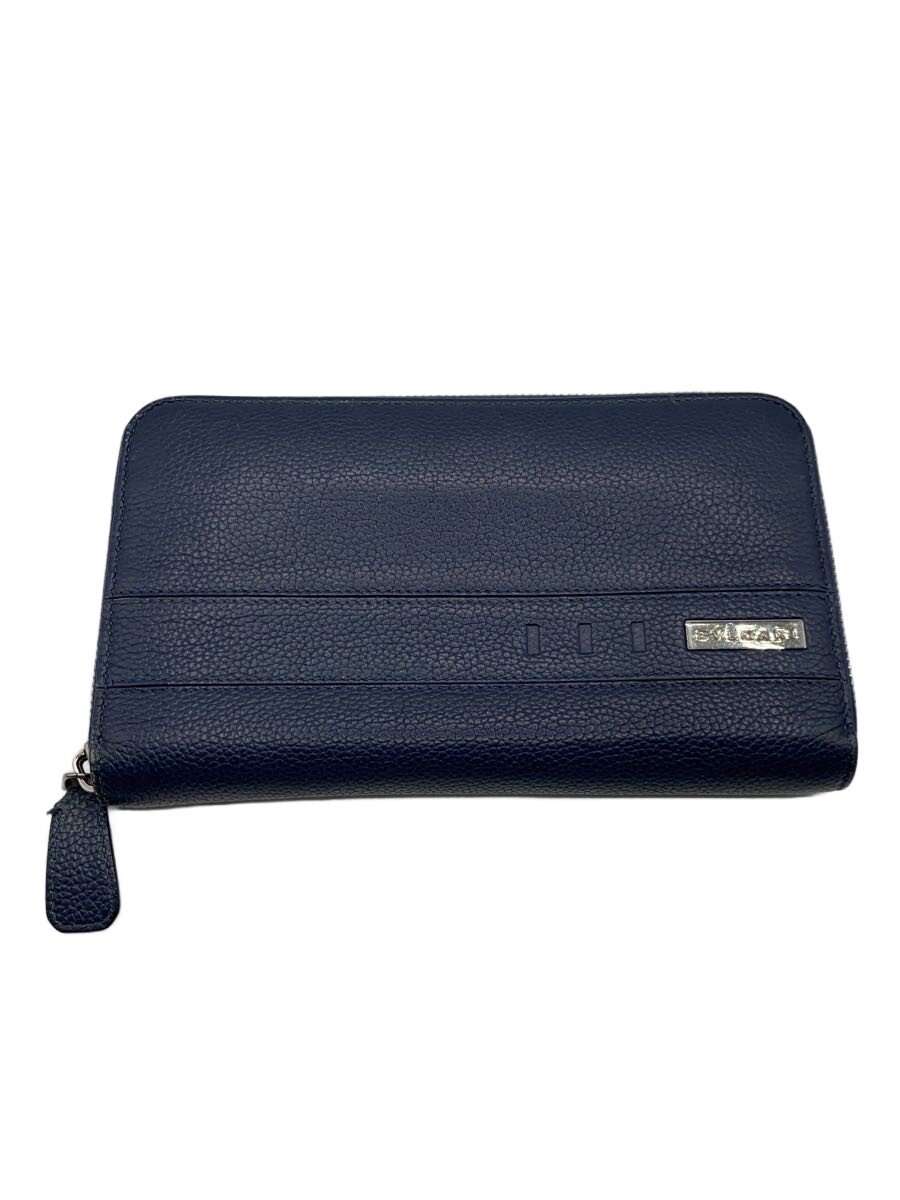 【中古】BVLGARI◆長金入れ/なめし革/NVY/無地/メンズ/当て嵌める感有/ラウンドジップ【服飾雑貨他】