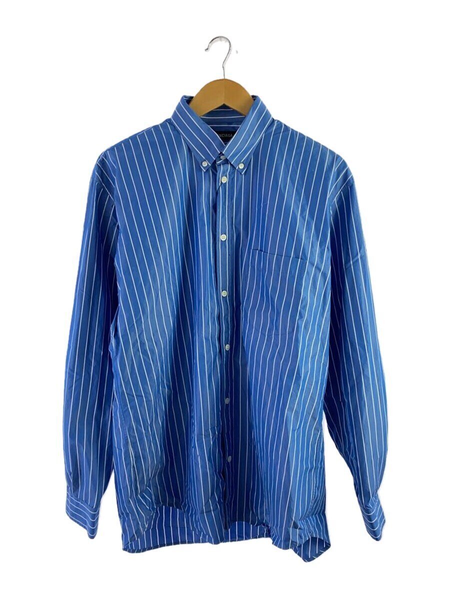【中古】BALENCIAGA◆19ss バックロゴプリントストライプ長袖ティーシャツ/38/綿織物/BLU/同盟罷業【メンズウェア】