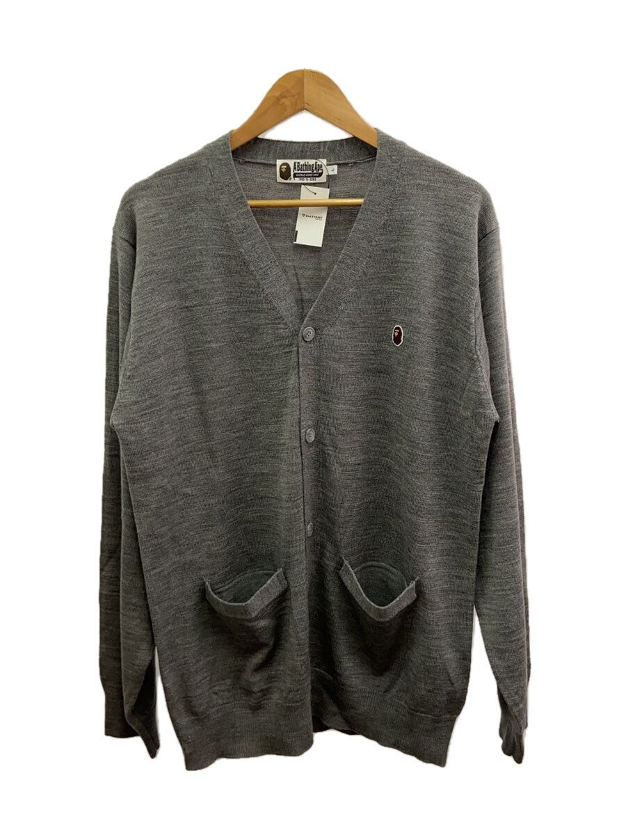 【中古】A BATHING APE◆FRONT LOGO ONE POINT KNIT CARDIG/アクリル樹脂/クグレー/無地/001KNH70100//【メンズウェア】