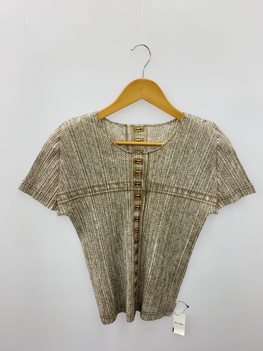 【中古】PLEATS PLEASE ISSEY MIYAKE◆半袖カットソー/4/ポリエステル/BEG/総柄/PP93-JK426【レディースお召しもの】