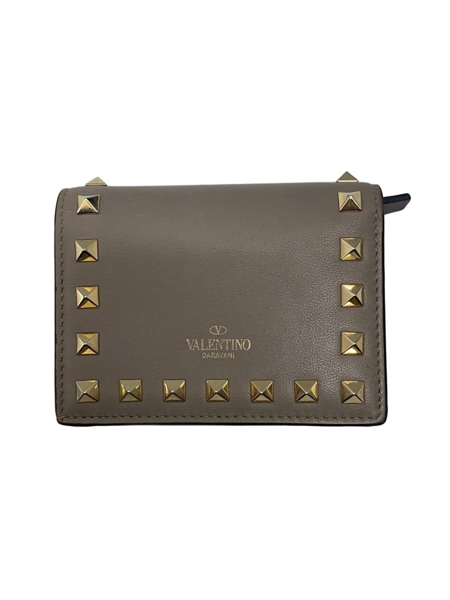 【中古】VALENTINO◆2つ折り金入れ/なめし革/GRY/レディース/ロックスタッズ/鋳貨隠し内部的汚れた状態有【服飾雑貨他】