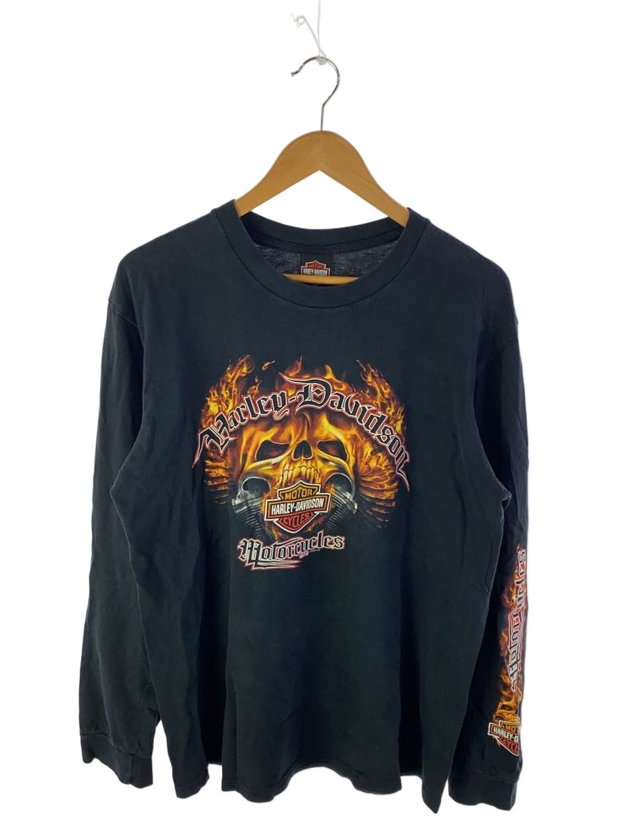 【中古】HARLEY DAVIDSON◆skull flame l/s(2008)/長袖プルオーバー/L/綿織物/BLK/刷り上げる//【メンズウェア】