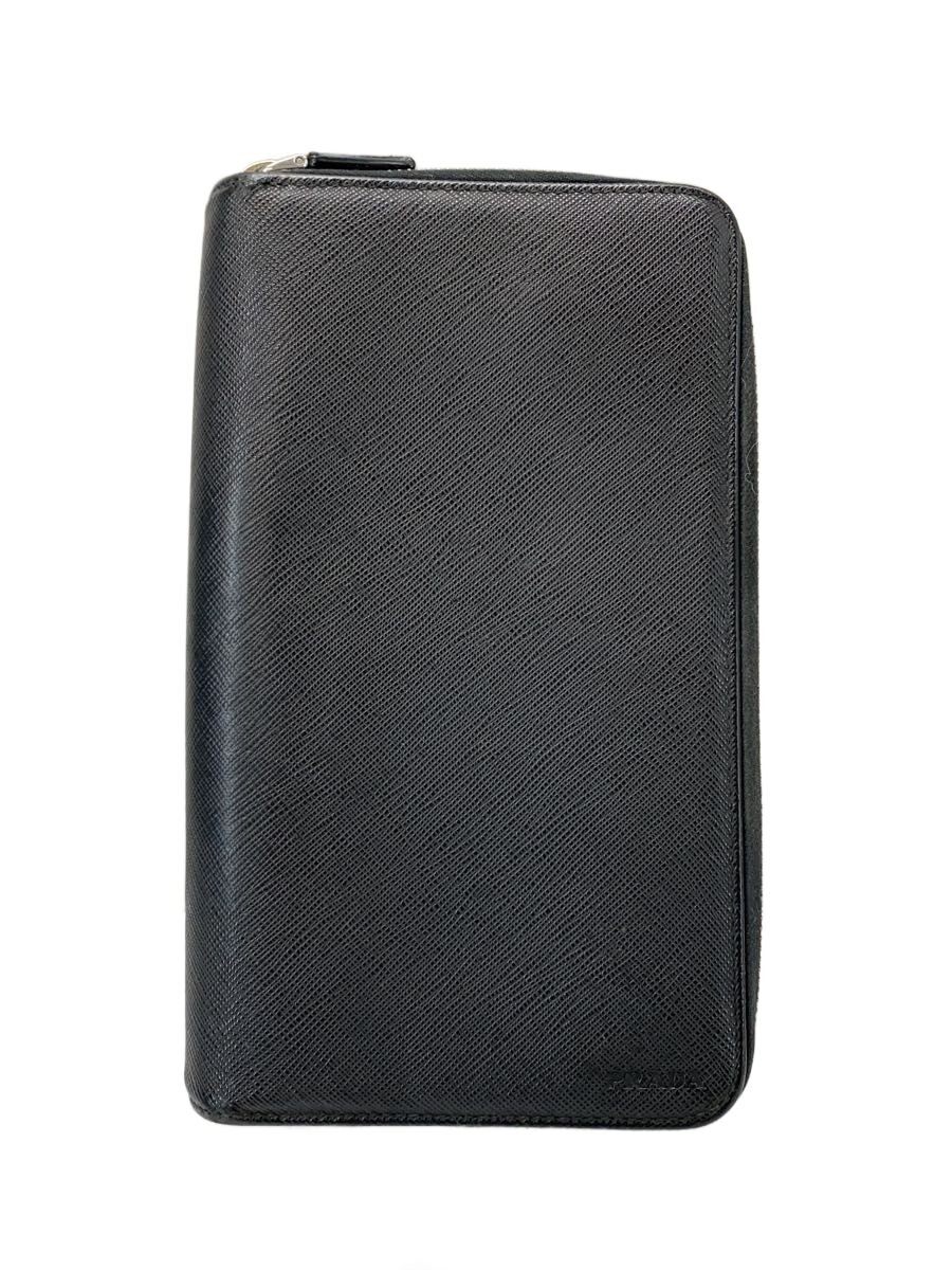 【中古】PRADA◆サフィアーノ/ラウンドジップ/書き付け入れもの/長紙入れ/なめし革/BLK/メンズ【服飾雑貨他】