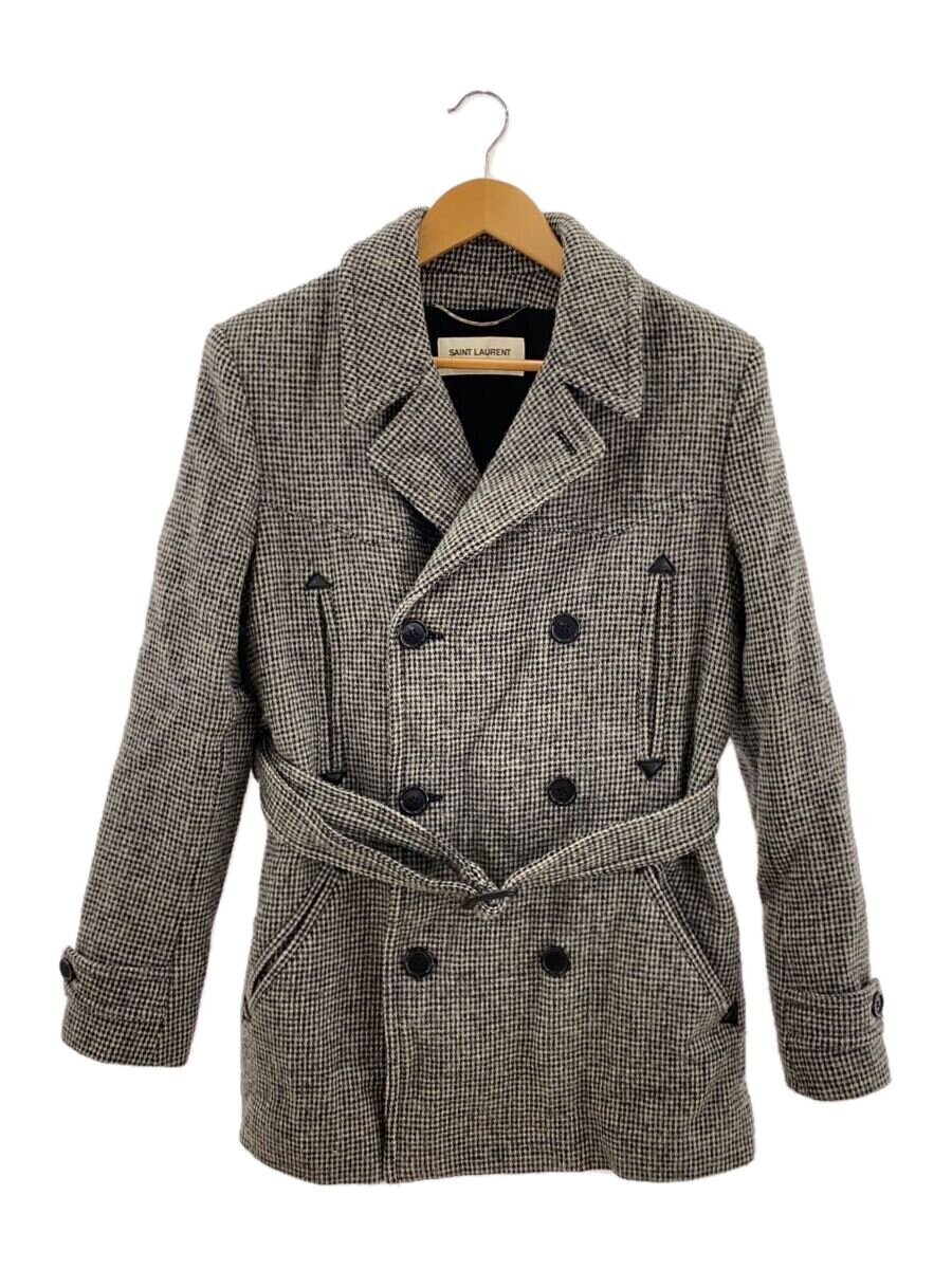 【中古】SAINT LAURENT◆14AW/ダブルブレストコート/厚地の外套/48/羊毛/GRY/チドリ透かし彫り/361788//【メンズウェア】