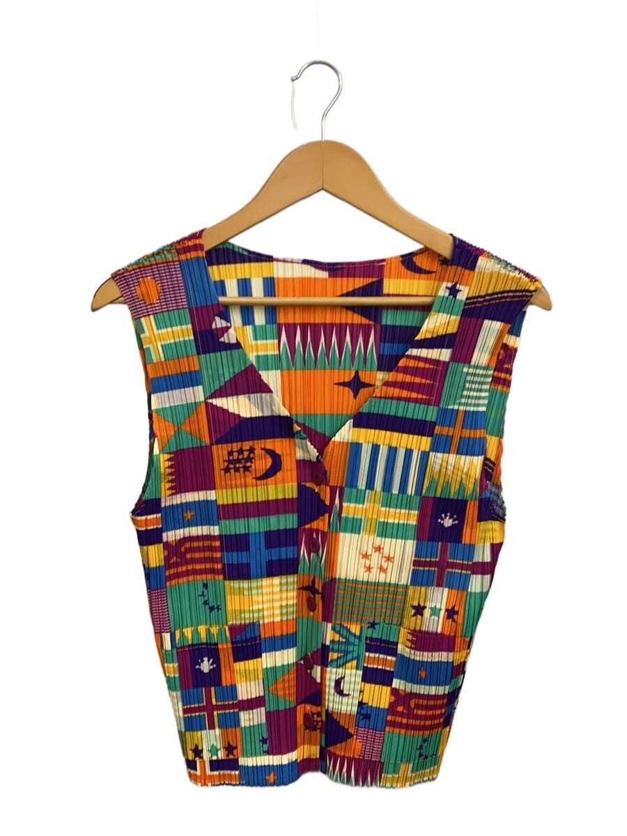 【中古】PLEATS PLEASE ISSEY MIYAKE◆旗幟柄/プリーツジレベスト/3/ポリエステル/マルチ色合い/総柄/je601【レディース御召しもの】
