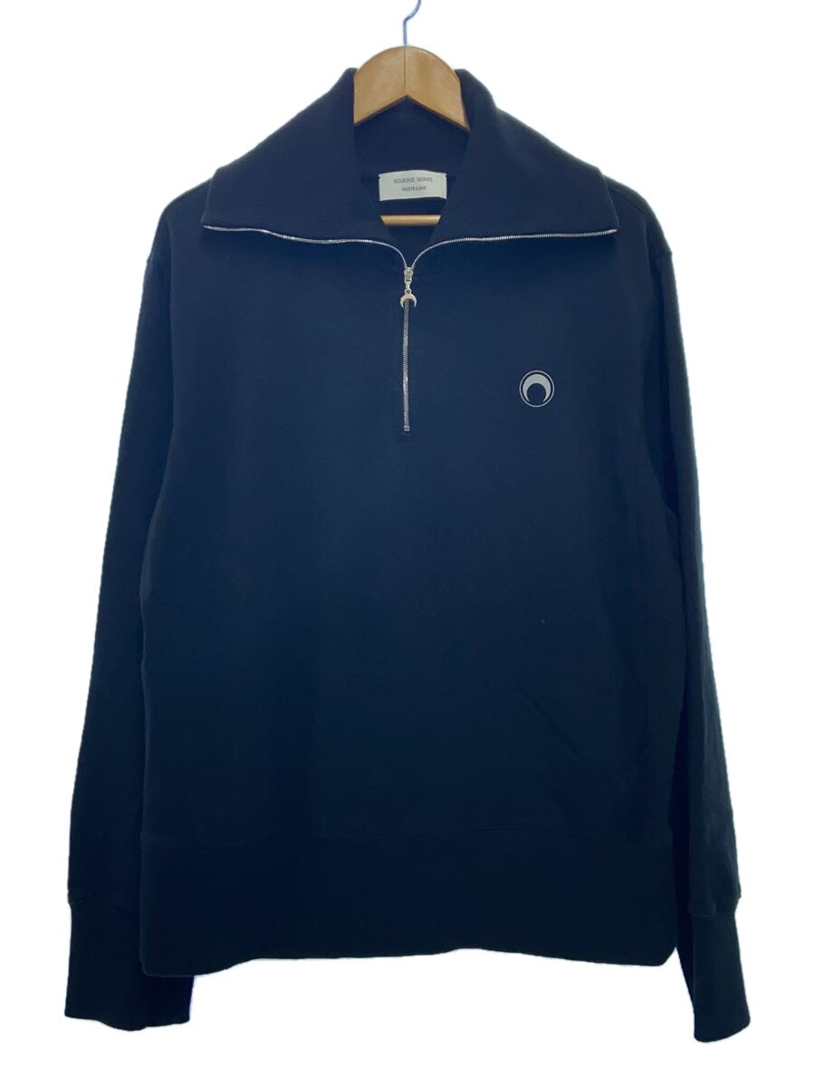 【中古】MARINE SERRE◆21SS/バックプリントハーフジップスウェット/L/綿織物/BLK【メンズウェア】