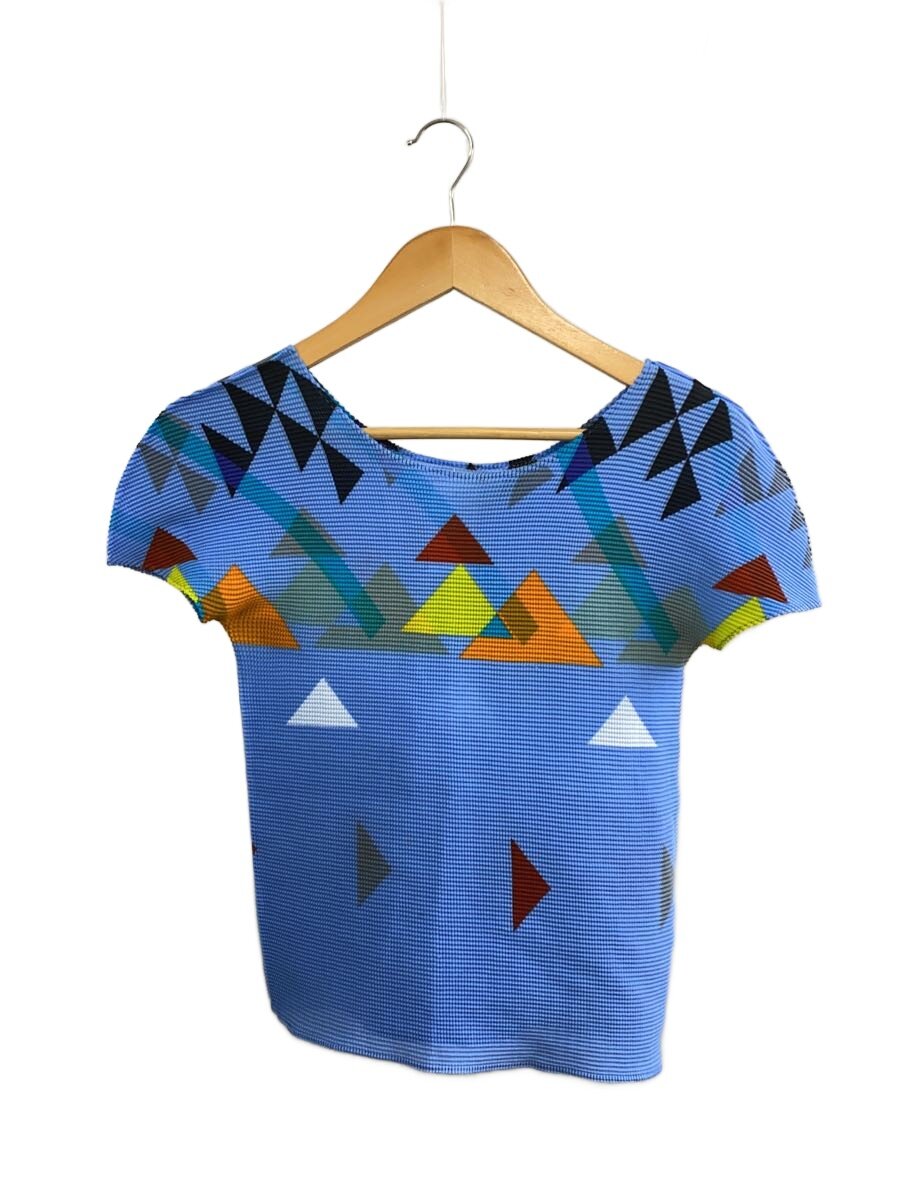 【中古】me ISSEY MIYAKE◆三角形柄/ジャガード半袖カットソー/--/ポリエステル/BLU/FK406/? NULL ?【レディース御召しもの】