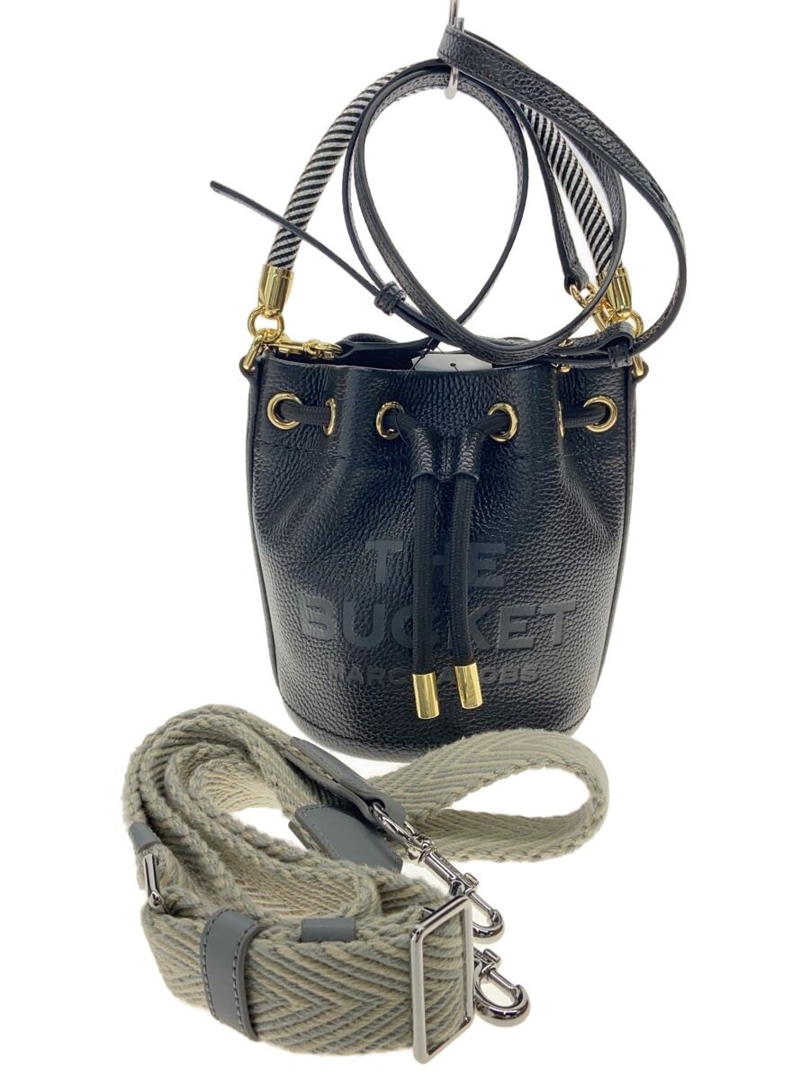 【中古】MARC JACOBS◆THE LEATHER BUCKET BAG/WEBBING STRAP書き割り/ハンドバック/なめし革/BLK【御徒面子】