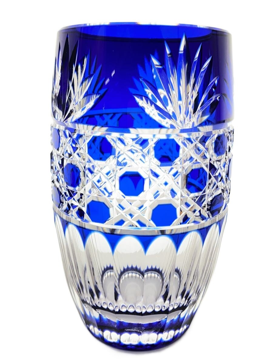 【中古】壷・花瓶/ブルー×クリア/江戸切子/内側保管汚れやや有【インテリア小物・日用雑貨】