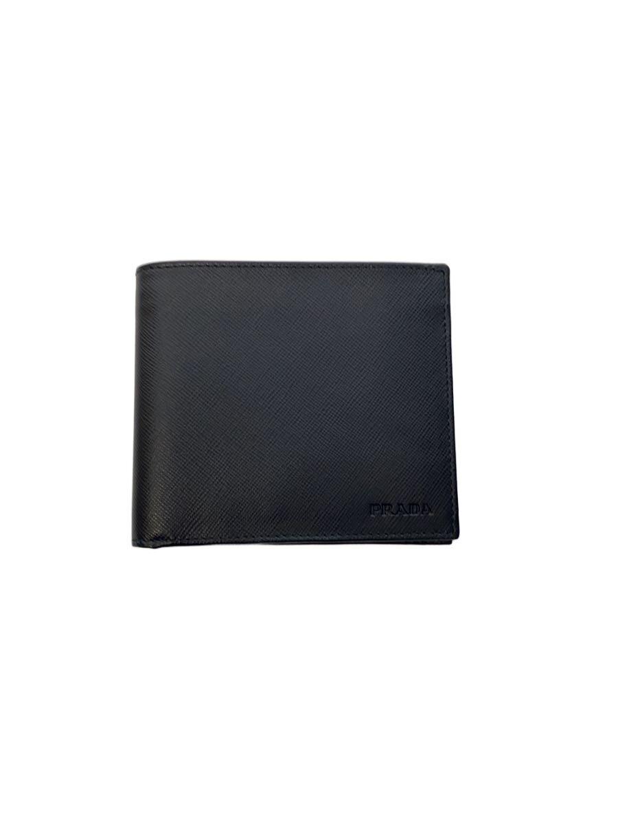 【中古】PRADA◆2つ折り札入れ/なめし革/BLK/無地/メンズ/サフィアーノ【服飾雑貨他】