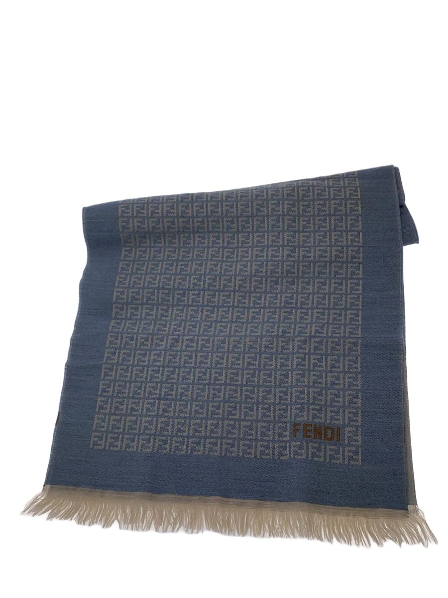 【中古】FENDI◆ズッカ柄/フリンジ/えり巻き/羊毛/BLU/総柄/レディース//【服飾雑貨他】