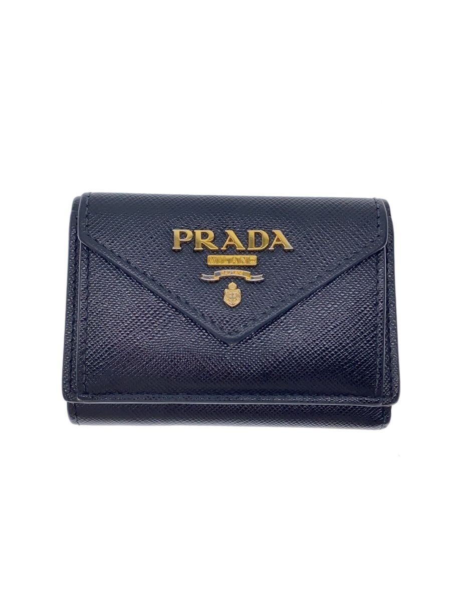 【中古】PRADA◆3つ折り札入れ/なめし革/BLK/無地/レディース/1MH021/? NULL ?【服飾雑貨他】