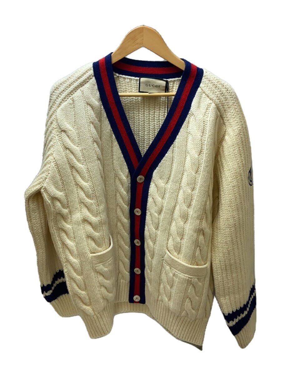 【中古】GUCCI◆ウェブストライプカーディガン/ジレー/L/羊毛/WHT/763373//【メンズウェア】