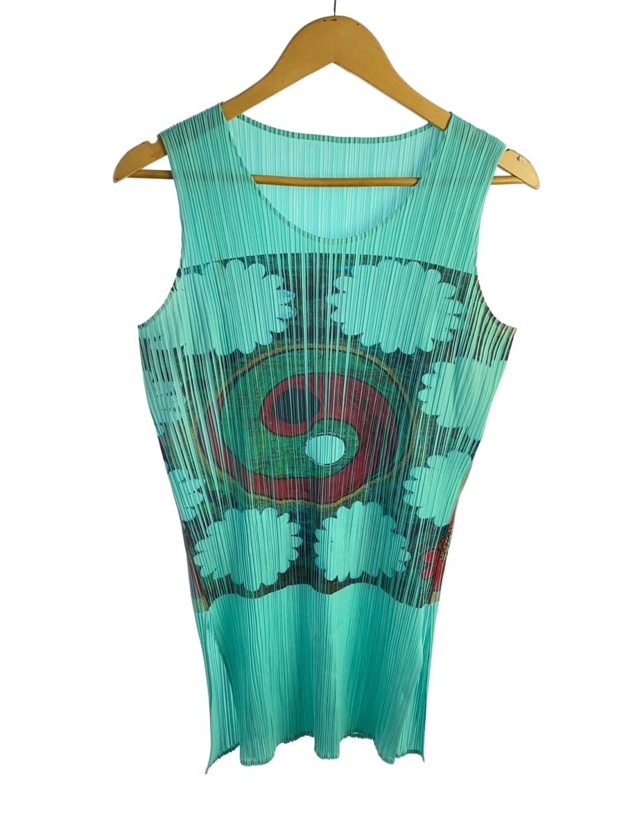 【中古】PLEATS PLEASE ISSEY MIYAKE◆98AW/書き換えるデザインチュニックノースリーブカットソー/4/ポリエステル/青碧/PP89-JK215【レディース御召しもの】