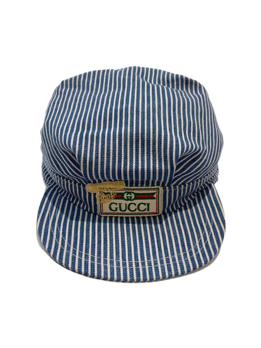 【中古】GUCCI◆キャスケット/L/綿織物/BLU/縞模様/レディース/753407【服飾雑貨他】