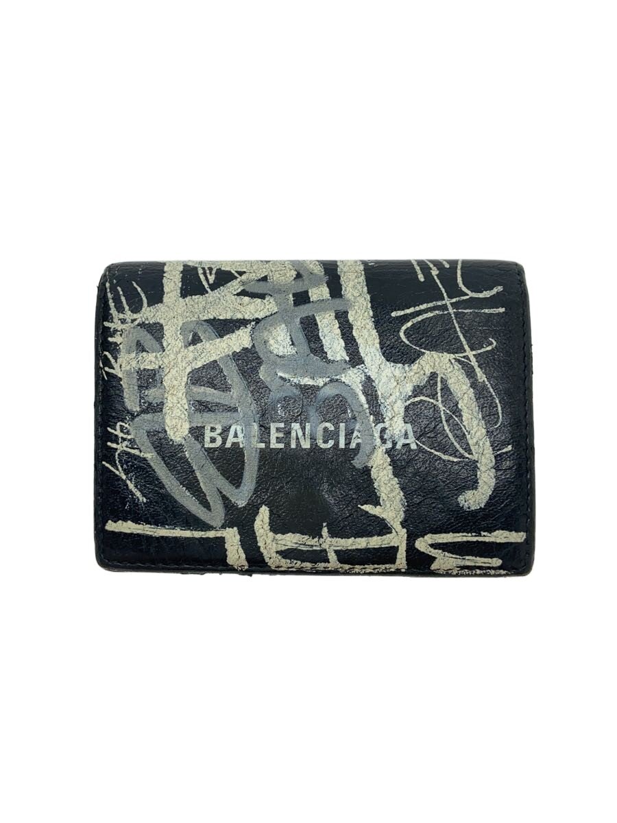 【中古】BALENCIAGA◆3つ折り札入れ/なめし革/BLK/総柄/メンズ【服飾雑貨他】