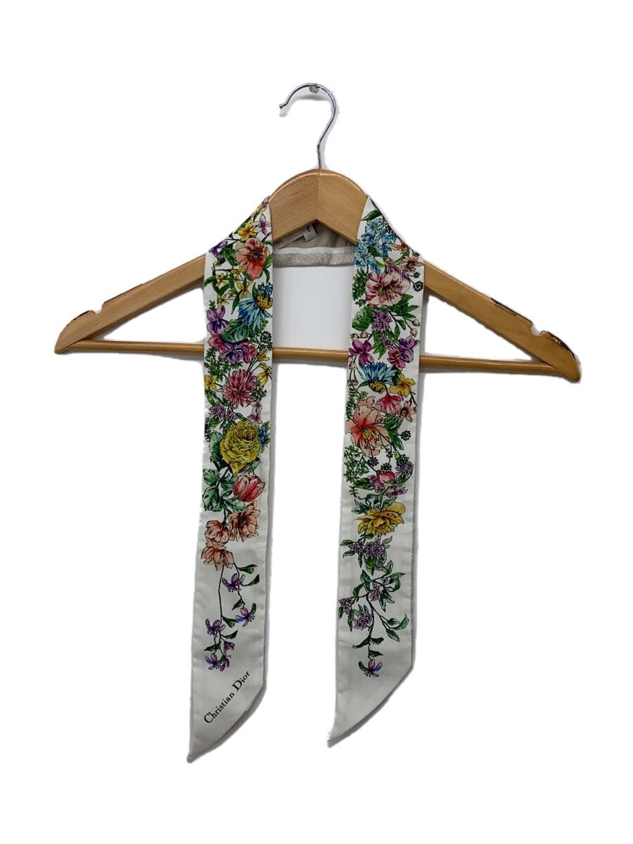 【中古】Christian Dior◆D-Floral/ミッツァスカーフ/地絹/白いこと/花柄/シュロの葉えり巻き/ナロースカーフ/Dフローラル【服飾雑貨他】