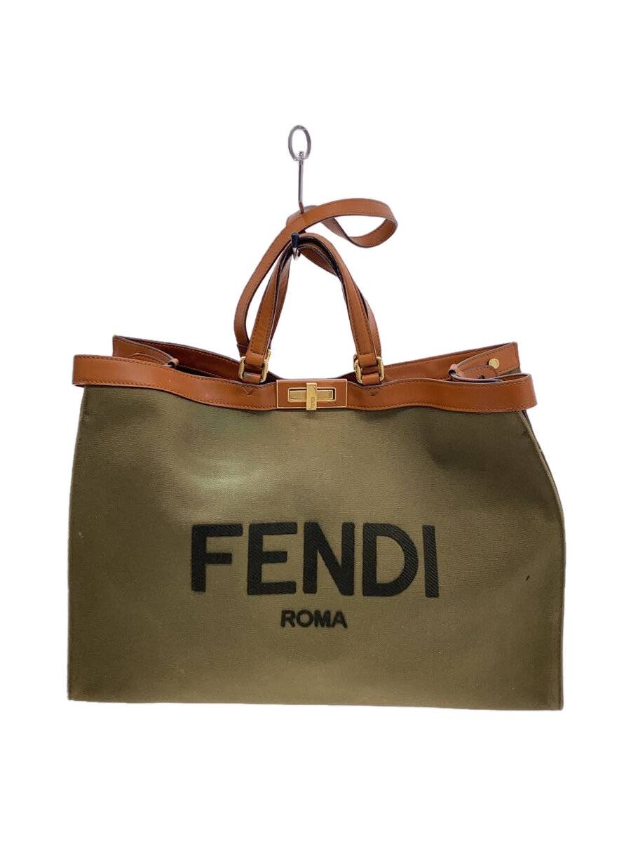 【中古】FENDI◆トートバッグ/ピーカブー/帆布/KHK/帆布地色褪せ・手持ち部分色変わり欠けら有//【御徒面子】