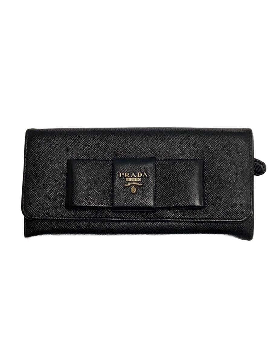 【中古】PRADA◆フィオッコリボンフラップ長紙入れ/サフィアーノ/なめし革/BLK/レディース【服飾雑貨他】