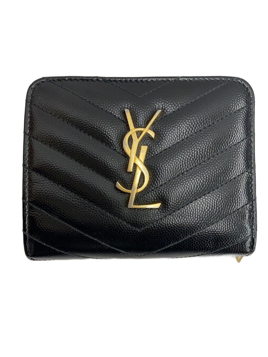 【中古】SAINT LAURENT◆2つ折り札入れ/なめし革/BLK/無地/レディース//【服飾雑貨他】