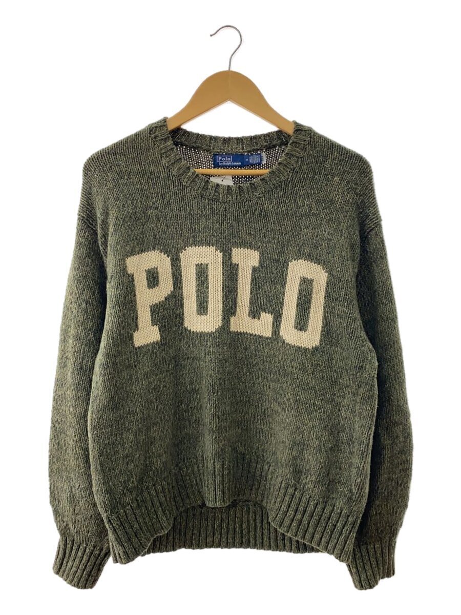 【中古】POLO RALPH LAUREN◆logo cotton crewneck/編み物・プルオーバー(薄っぺら)/M/綿織物/GRN/無地【メンズウェア】