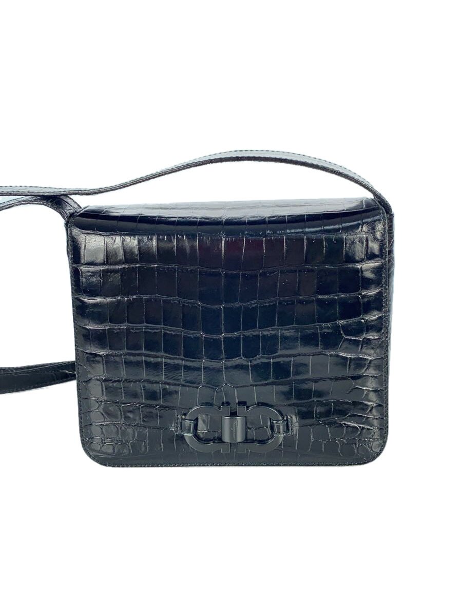 【中古】Salvatore Ferragamo◆クロコ型押し/ガンチーニ金具/ショルダーバッグ/なめし革/BLK/無地/AQ-216195【御徒面子】
