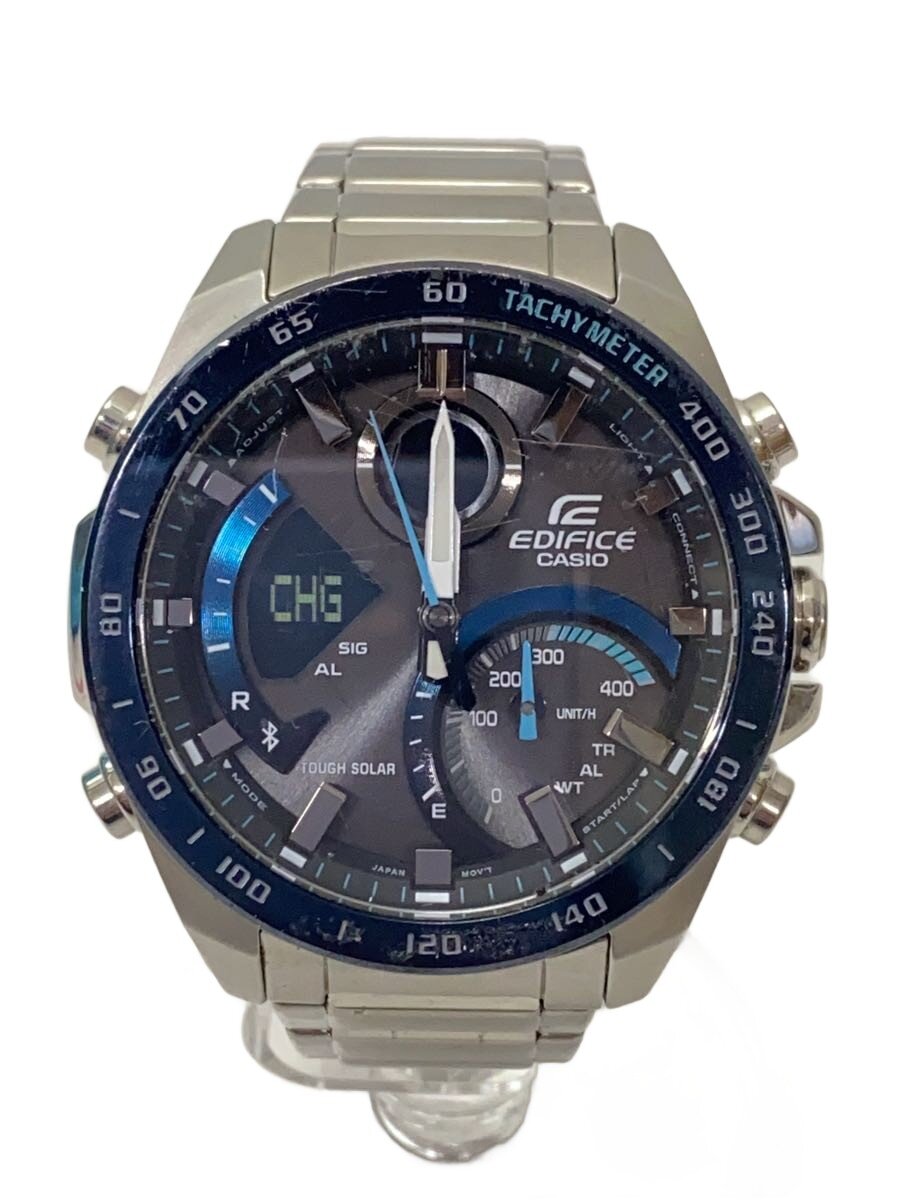 【中古】CASIO◆ソーラーウオッチ/アナログ/天然ゴム/BLK/SLV/ECB-900//【服飾雑貨他】