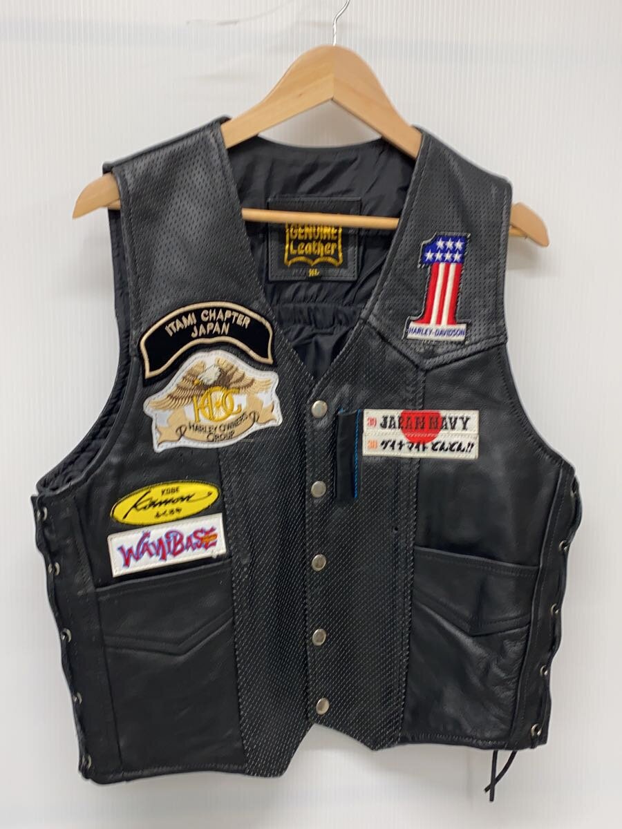 【中古】GENUINE Leather/フリンジレザーベスト/紋章/harley/XL/BLK/バイ鉄道車両【メンズウェア】