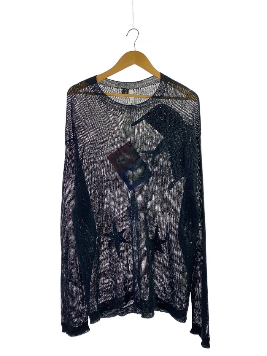 【中古】fluss◆25SS/BIRD MESH KNIT/編み物・スウェーター(薄っぺら)/2/リネン/BLK/F0032025SS【メンズウェア】