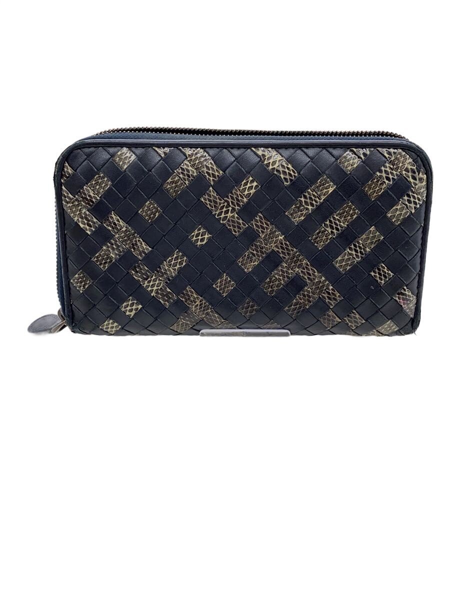 【中古】BOTTEGA VENETA◆イントレチャート/ラウンドジップ/長紙入れ/なめし革/BLK/メンズ/B02548404T/汚れた状態有【服飾雑貨他】