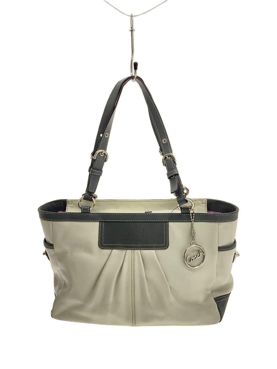 【中古】COACH◆トートバッグ_プリーテッドレザー_イーストウエストギャラリー_薄墨色なめし革/--/WHT//【御徒面子】