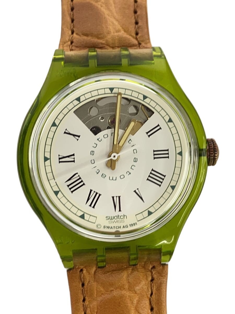 【中古】SWATCH◆年寄りの/オーストリア製/自動小銃巻ウオッチ/アナログ/なめし革/WHT/BEG/SS【服飾雑貨他】